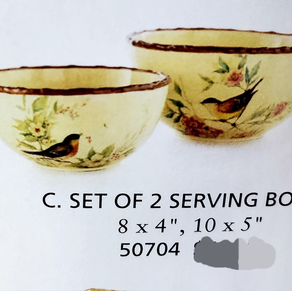 Celebrating Home Serve/Bake Bowls, Somerset-Bird motif, Set of 2, Stoneware NEW